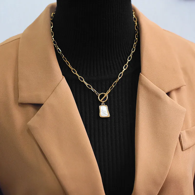 Mollyove Square Natural Shell Pendant Necklace For Women Gold Color Stainless Steel O Chain Women Neck Choker Fashion Jewelry