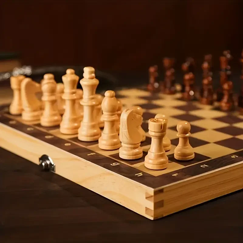 3-in-1 Chess Backgammon Checkers Set Solid Wooden Chess Foldable Convenient Puzzle Board Game Toy Gaming Gift chess pieces