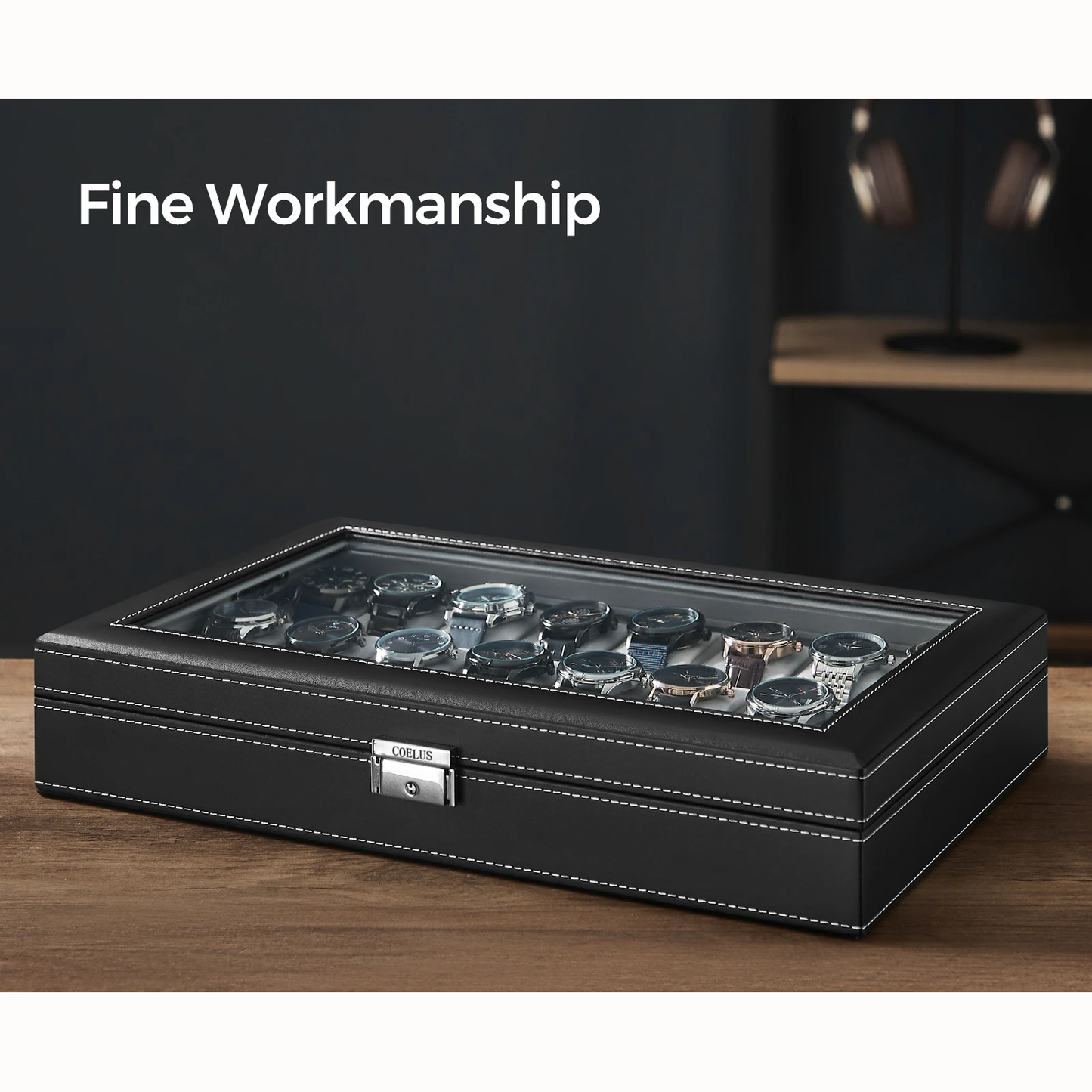 COELUS Watch Box 24-Slot Watch Case Lockable Watch Storage Box with Glass Lid Gift Idea Ink Black Synthetic Leather