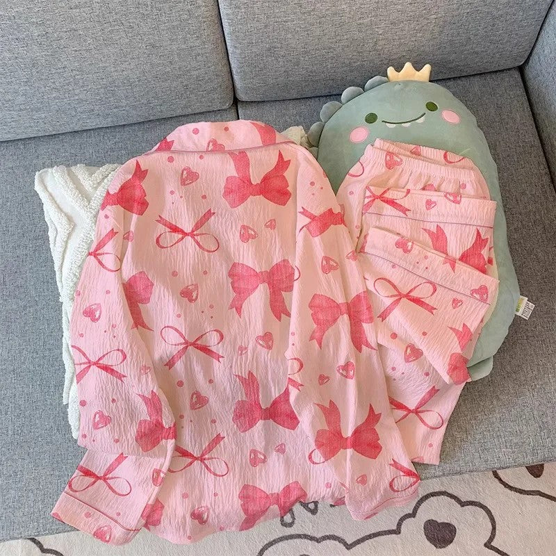 Kang Nicer Women's Pajamas Set Bow Print Sleepwear Button Down Tops Long Pajama 2 Piece Suit Pyjama Femme Nightwear