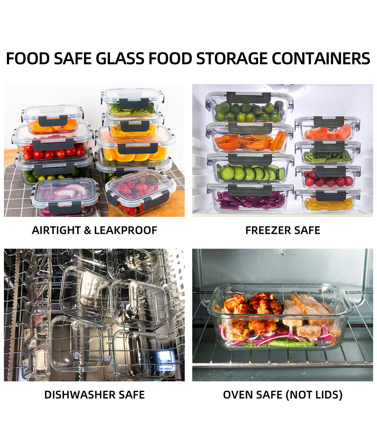 YQRISETARK 8-Piece Glass Food Storage Containers Set for kitchen use BPA-Free Leakproof Microwave & Oven Safe 6 Sizes Borosilicate Glass Lock Lid