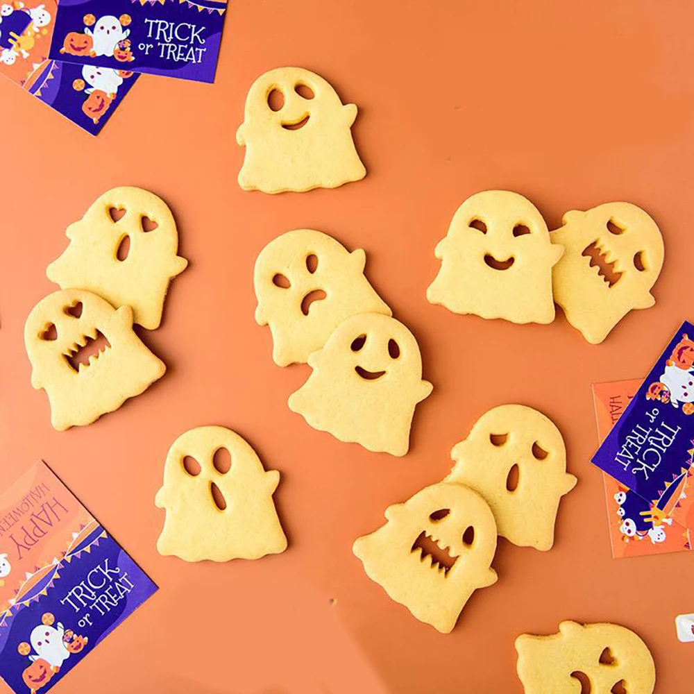SOLIFEGOBLE Cartoon Halloween Cute Expression Swap Cookie Cutters Pressable Biscuit Mold DIY Kitchen Baking Pastry Bakeware