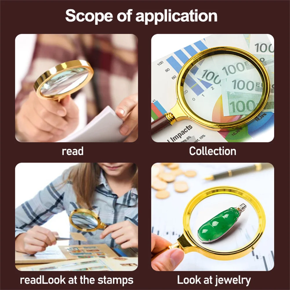 HJT 10X Handheld Magnifying Glass Handle Magnifier Lens For Science Seniors Reading Book