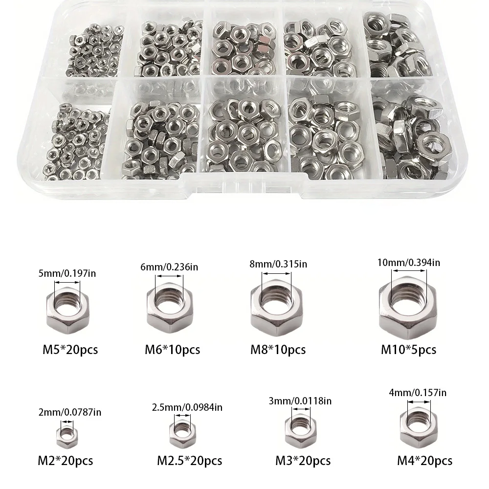 HAIMORS 125-Piece Stainless Steel Hex Nut Set for Industrial Equipment Accessories Home and Outdoor Building Maintenance