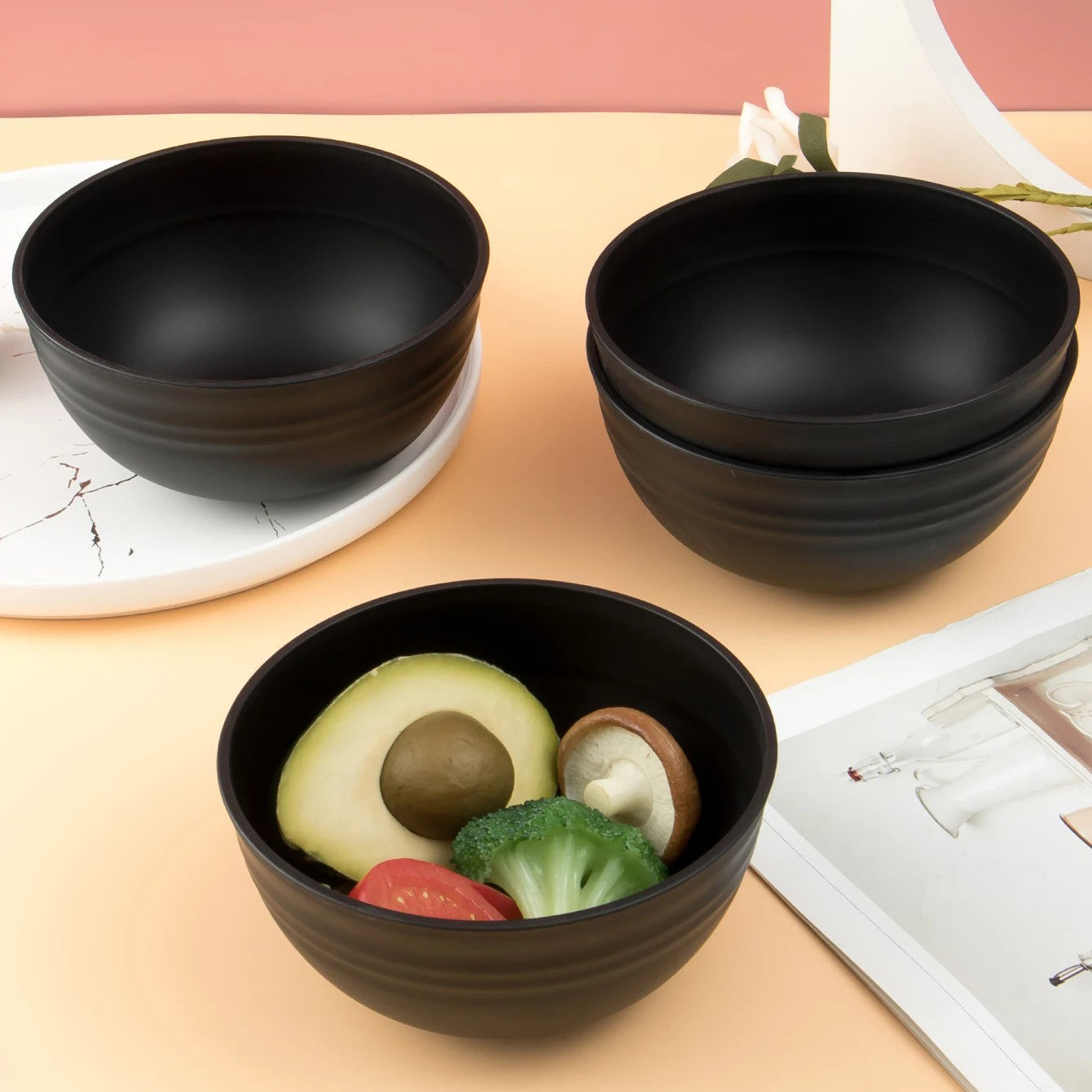 imarku 4pcs Black grain bowl Reusable household plastic dinner bowl can hold food dessert grain outdoor camping bowl