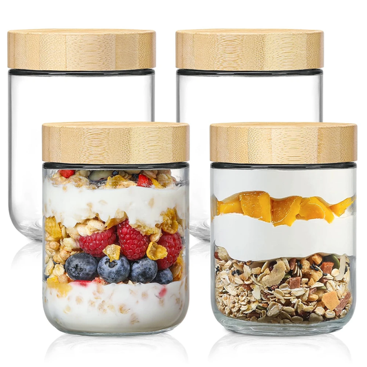 MEMEHO 4pack Glass jars with Airtight Lid 16oz Over Night Oats Container with Bamboo Lids Glass Snack Storage Salad Jars Yogurt Sugar