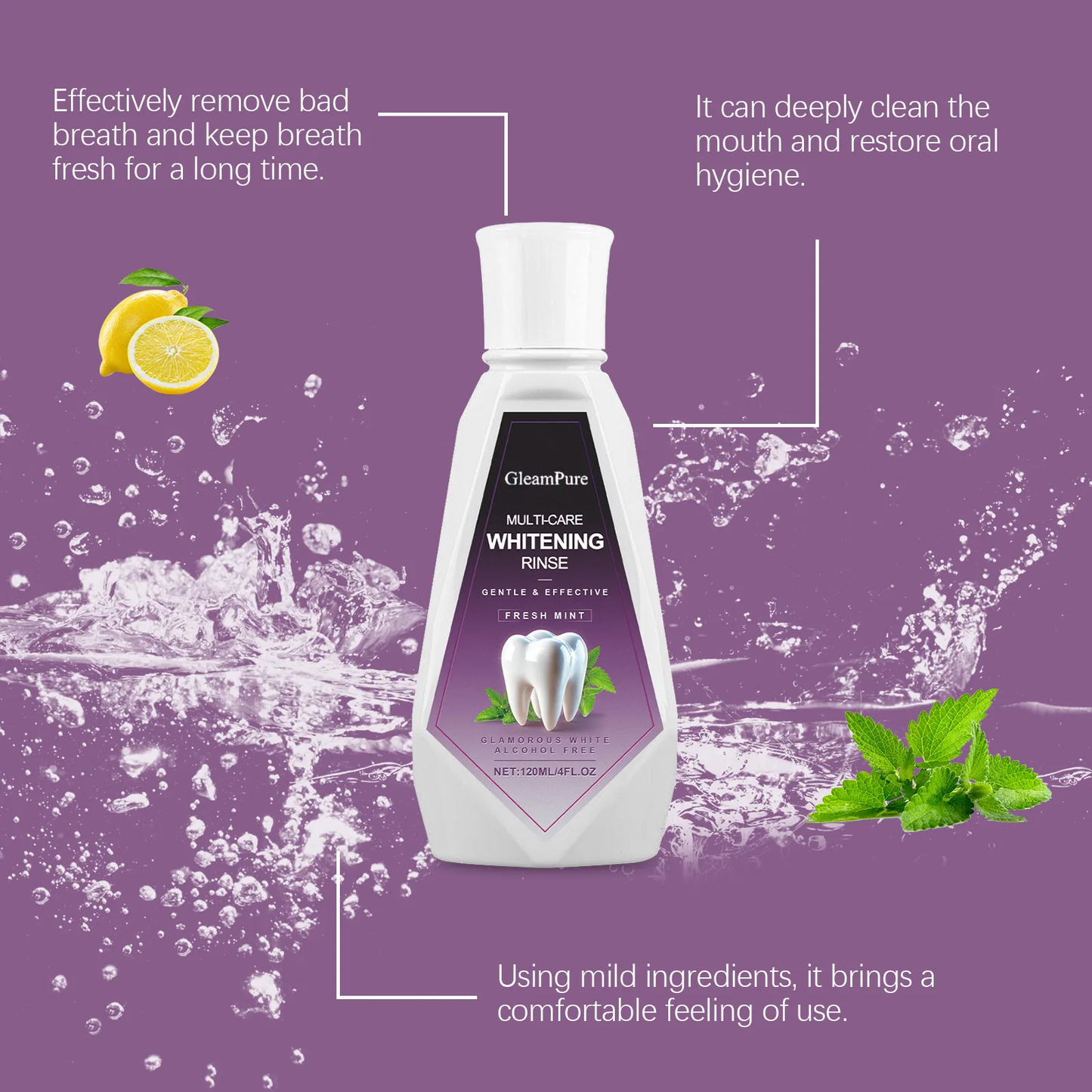 GleamPure 120ml Fresh Mint Mouthwash Whiten Teeth For Daily Oral Care Clean Stain Soothe Gum Sensitivity Mouth Deodorant Mouthwash