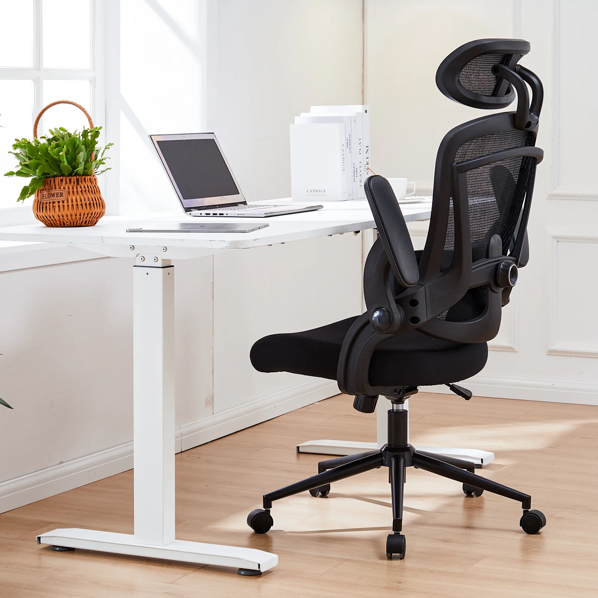 Laukingdom Ergonomic Mesh Adjustable Lumbar Support Office Chair 120°Tilt High Back Comfortable Computer Chair with Soft Flip Up Arms