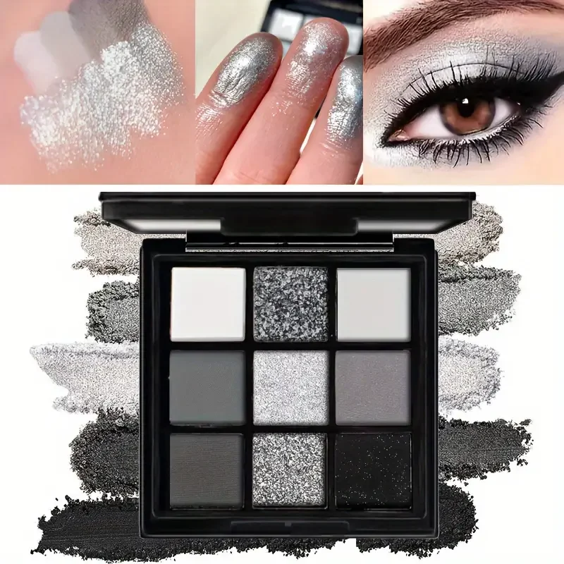 GleamPure 9-shade eyeshadow palette: Black Swan Smoky  Dark Black Grey Silver Glitter Matte Finish Long-lasting and easy to color