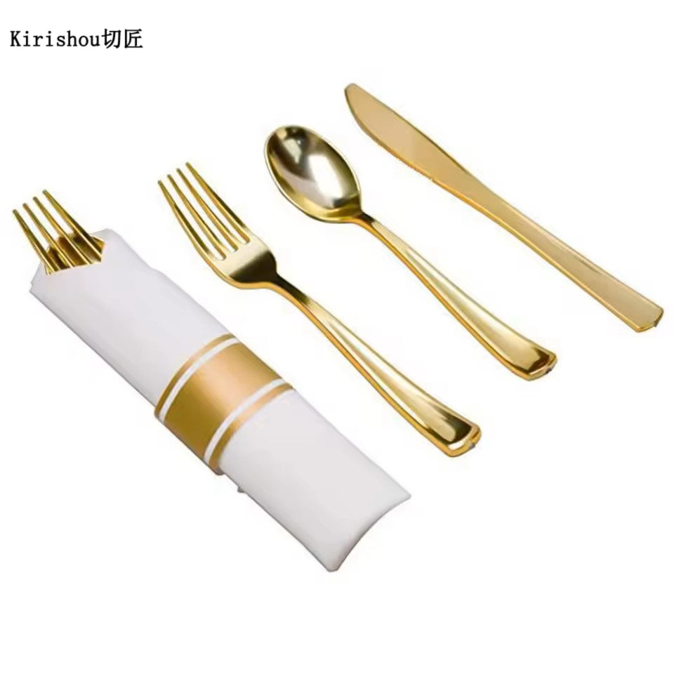 Kirishou Gold disposable tableware set knife fork spoon three piece set tissue paper wedding birthday party catering decoration tableware