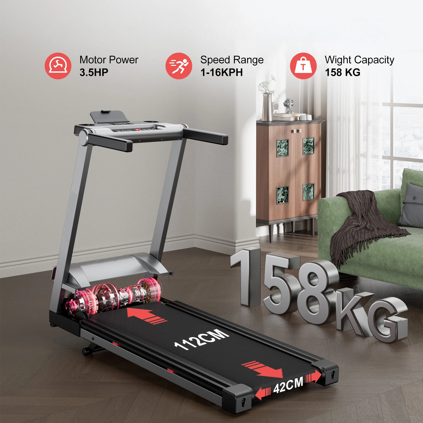 Plidesk Foldable Incline Home Treadmill Walking Pad with Handle Bar Holder Touch Screen Smart App Data Monitoring