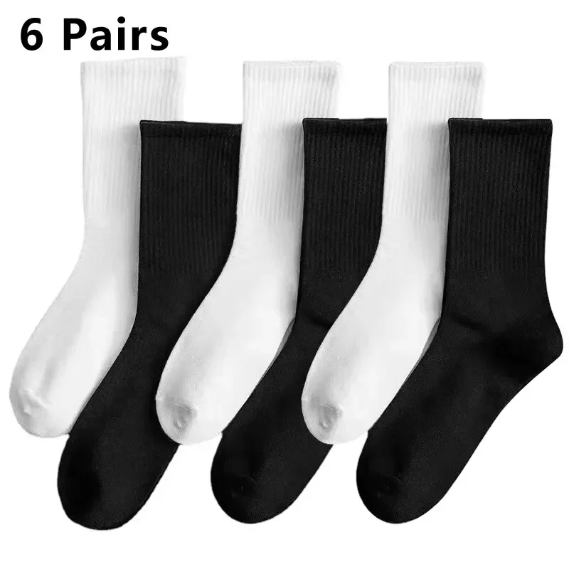MiaGie 6 Pairs Middle Tube Socks For Men Solid Colour In White and Black Fashion Breathable and Casual Socks