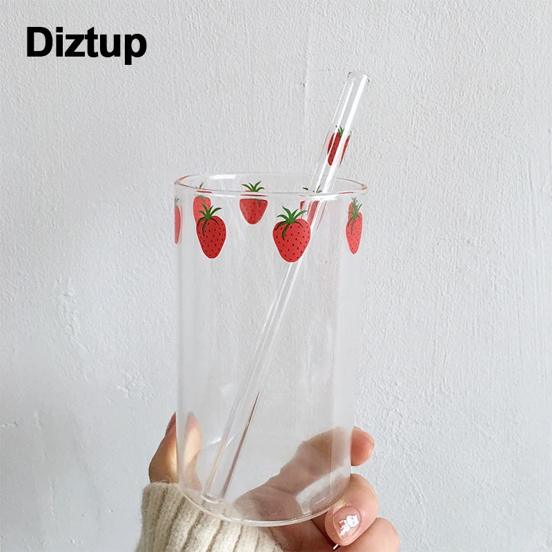 Diztup 300ml 10oz High Borosilicate Cute Strawberry Water Milk Drinking Glasses Cup With Straw