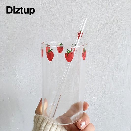 Diztup 300ml 10oz High Borosilicate Cute Strawberry Water Milk Drinking Glasses Cup With Straw