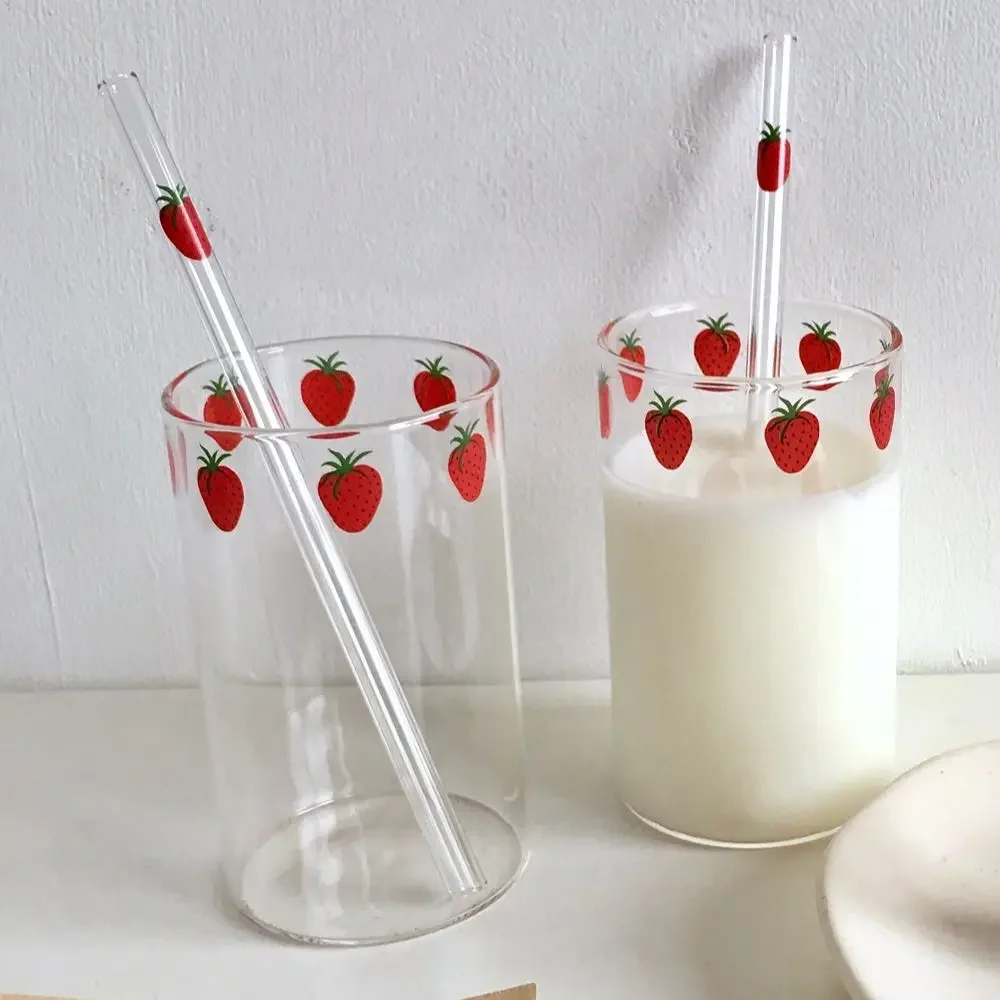 Diztup 300ml 10oz High Borosilicate Cute Strawberry Water Milk Drinking Glasses Cup With Straw