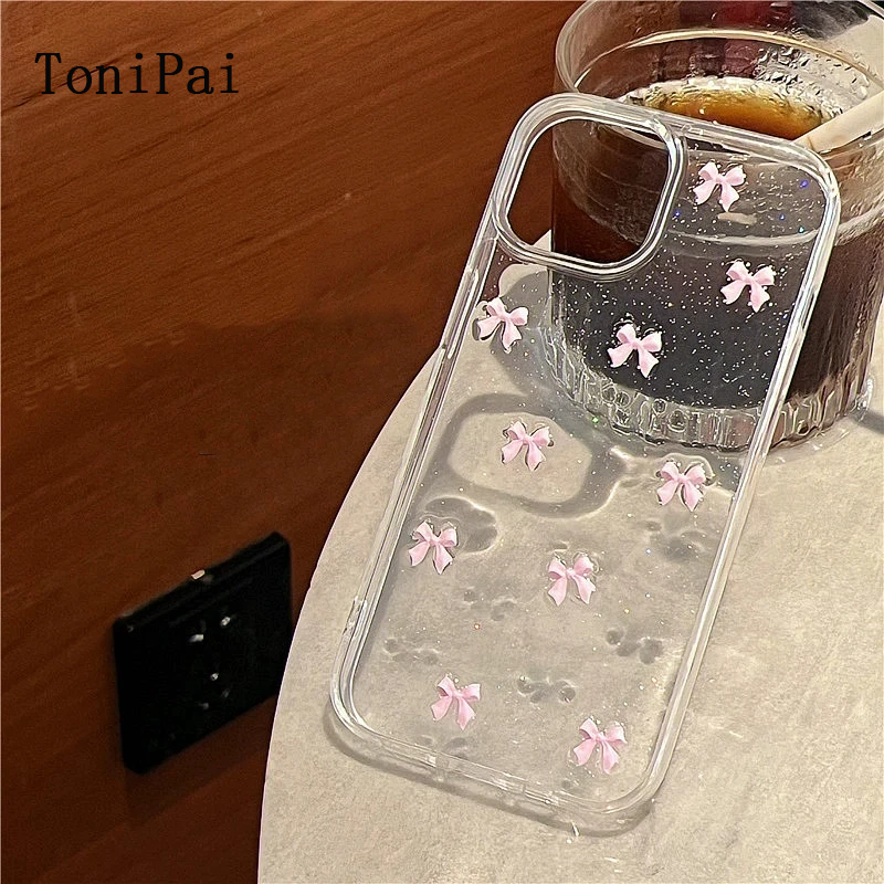 ToniPai Cute Pink Bowknot Phone Case Korea Girl Soft Cover Epoxy Glitter Shell