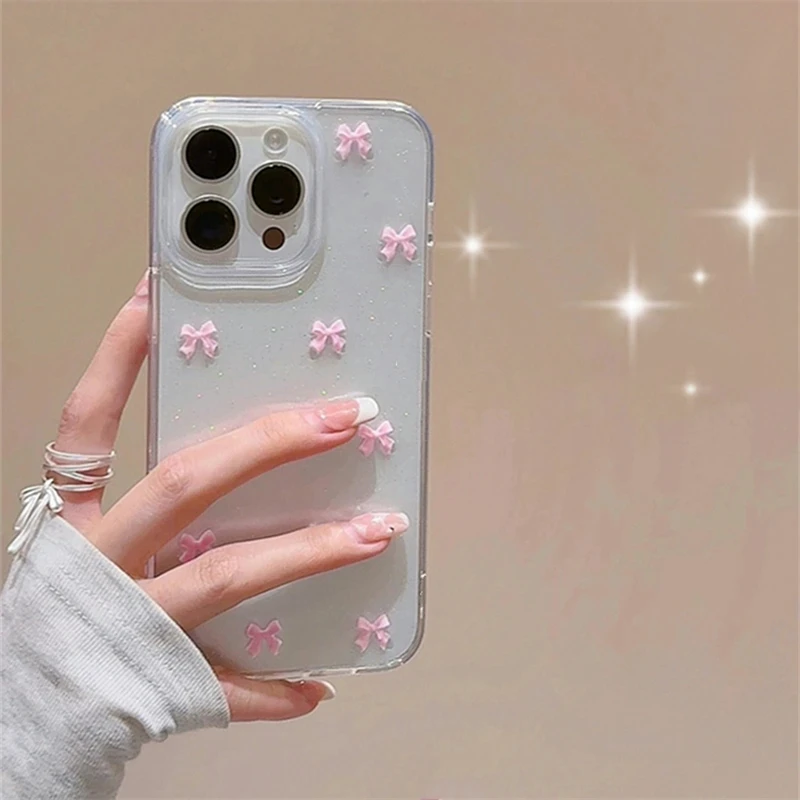 ToniPai Cute Pink Bowknot Phone Case Korea Girl Soft Cover Epoxy Glitter Shell
