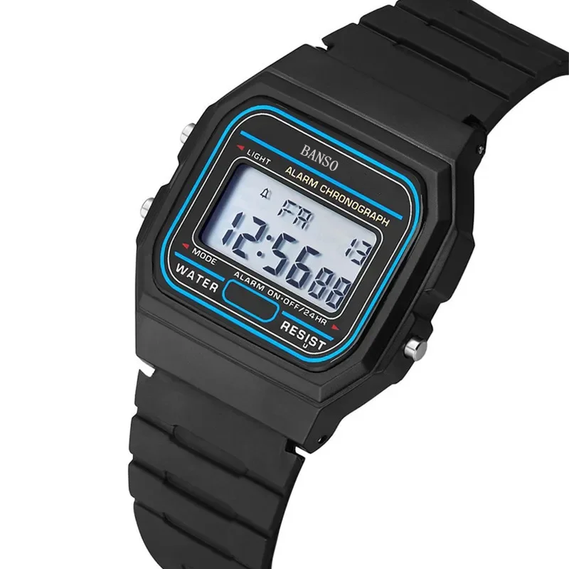 BANSO Sport LED Digital Watches for Men Simple Small Square Dial Electronic Watch Silicone Band Fashion Casual Mens Watch