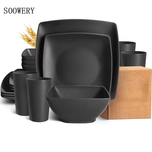 SOOWERY 32Pcs Plastic Dinnerware Set -DurableDishwasher Safe Microwave Safe Stackable Includes Dinner Plates Salad Plates Snack Bowls