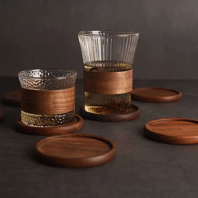 HDDDZSW Round Walnut Wood Coaster Japanese Style Drink Coaster Table Mat Tea Coffee Cup Coaster Pad Wooden Coasters for Glasses Placemat