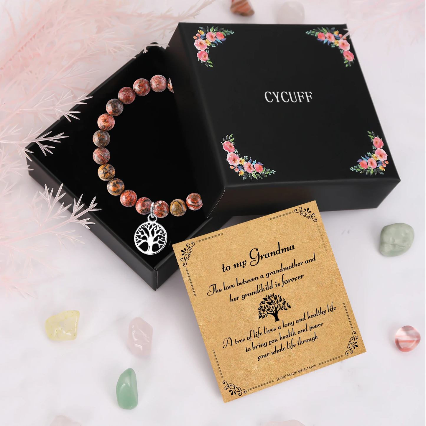 CYCUFF 1PC Ideal Christmas Gift for Grandma,Exquisite Tree of Life Pendant Healing Bracelet & Gift Box Blessing Card Gift for Grandma