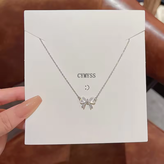CYMYSS Light And Luxurious Opal Bow Necklace Women's Ins Fashionable And Versatile Temperament Small And Fresh Titanium Steel Chain