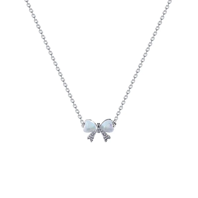 CYMYSS Light And Luxurious Opal Bow Necklace Women's Ins Fashionable And Versatile Temperament Small And Fresh Titanium Steel Chain