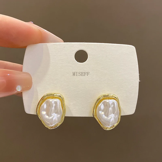 MISEFF New Trendy White Oval Stud Earrings Irregular Geometric Statement Women's Unusual Earrings Gold Color Metal Side Boho Jewelry