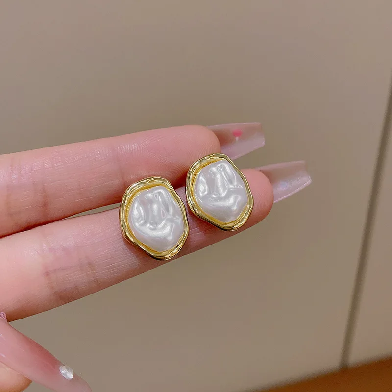 MISEFF New Trendy White Oval Stud Earrings Irregular Geometric Statement Women's Unusual Earrings Gold Color Metal Side Boho Jewelry