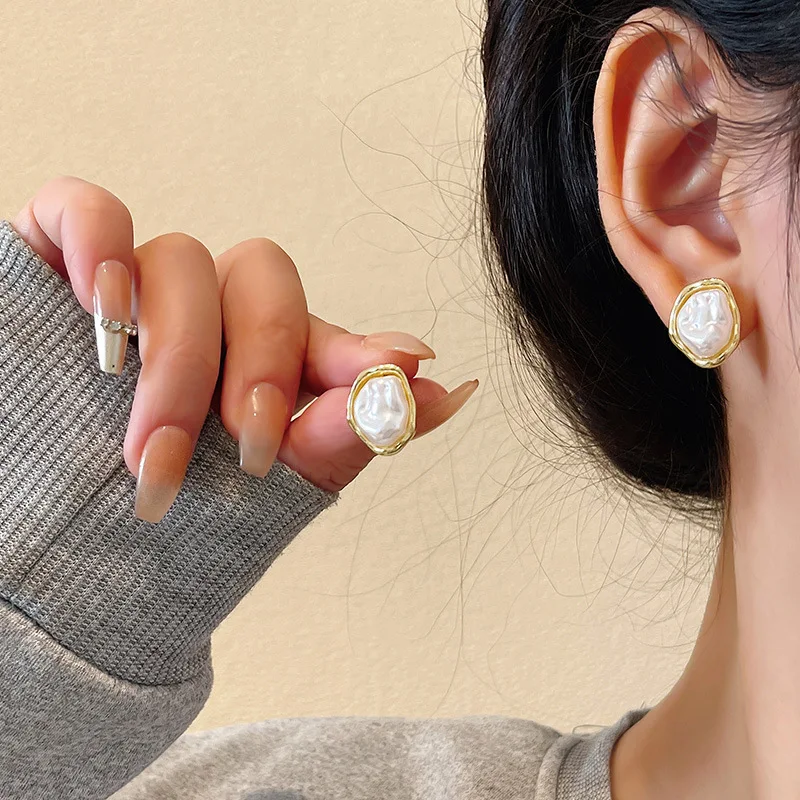 MISEFF New Trendy White Oval Stud Earrings Irregular Geometric Statement Women's Unusual Earrings Gold Color Metal Side Boho Jewelry