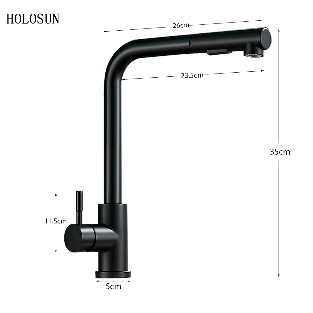 HOLOSUN Black Pull Out Kitchen Sink Faucet Two Model Stream Sprayer Nozzle Stainless Steel Hot Cold Wate Mixer Tap Deck