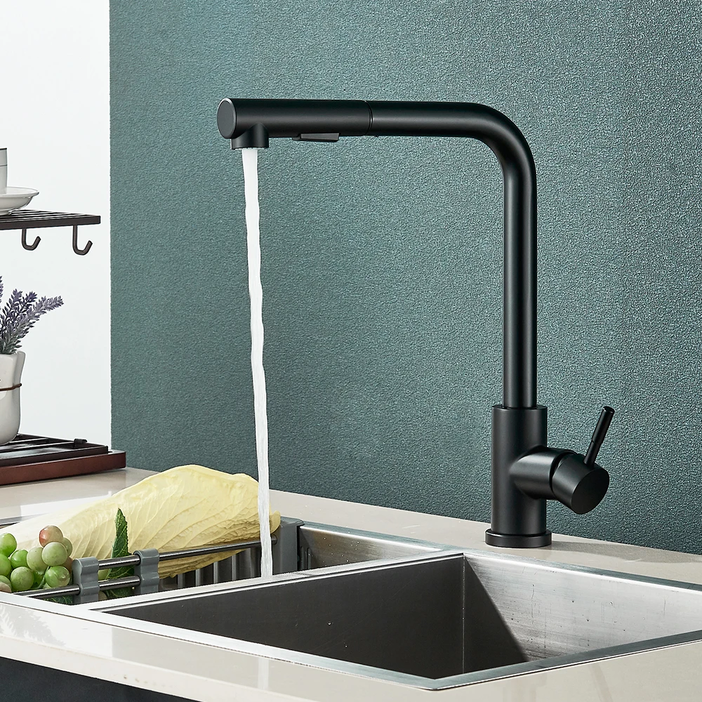 HOLOSUN Black Pull Out Kitchen Sink Faucet Two Model Stream Sprayer Nozzle Stainless Steel Hot Cold Wate Mixer Tap Deck