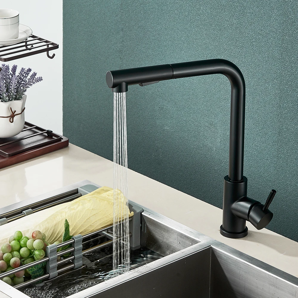 HOLOSUN Black Pull Out Kitchen Sink Faucet Two Model Stream Sprayer Nozzle Stainless Steel Hot Cold Wate Mixer Tap Deck