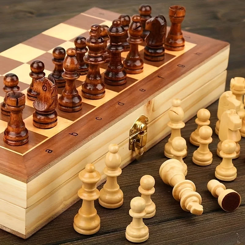 3-in-1 Chess Backgammon Checkers Set Solid Wooden Chess Foldable Convenient Puzzle Board Game Toy Gaming Gift chess pieces