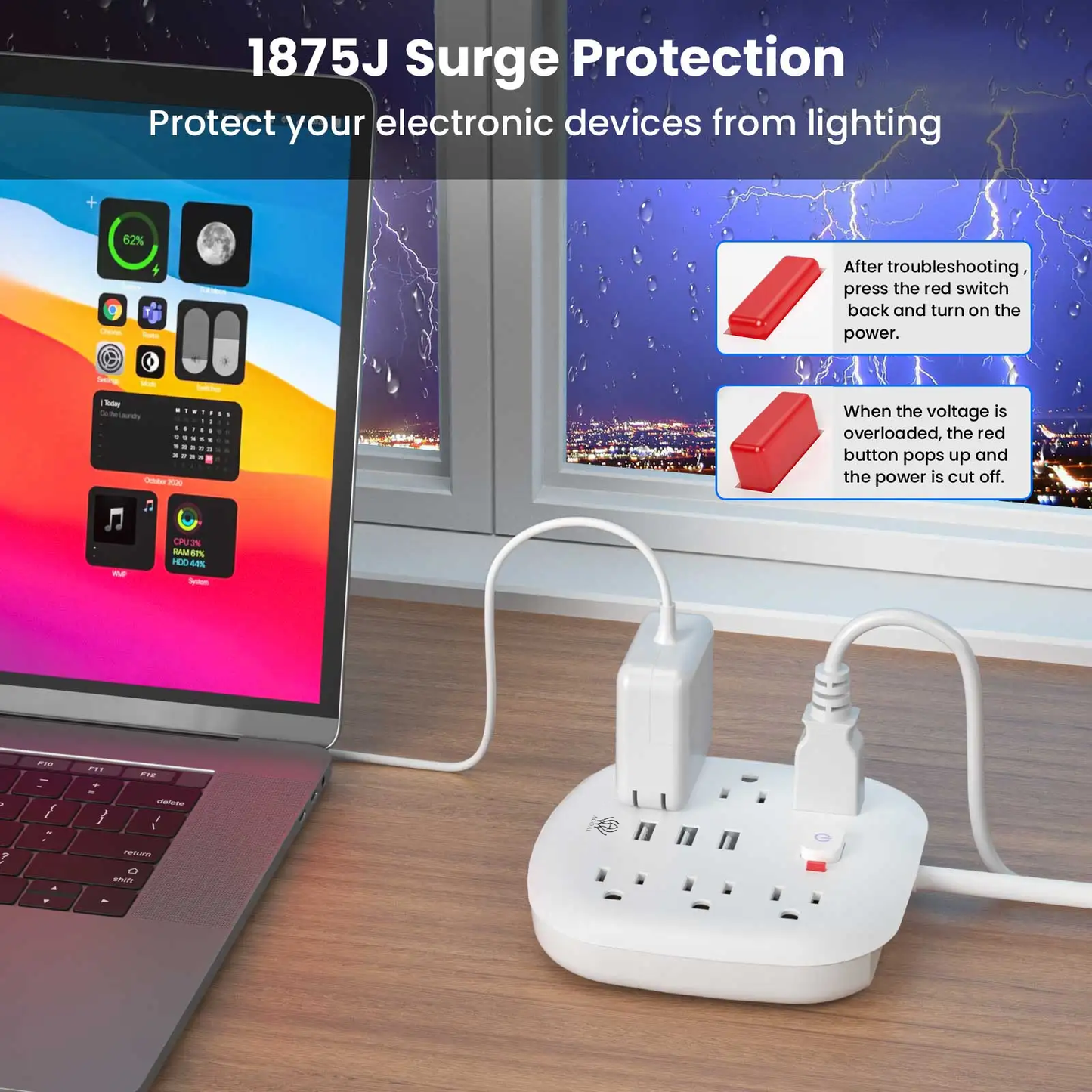 AGOAL Power Outlet with Surge Protector 6 sockets 3 USB Ports 3.3ft Extension Cord Fire Resistant For Home and Office White