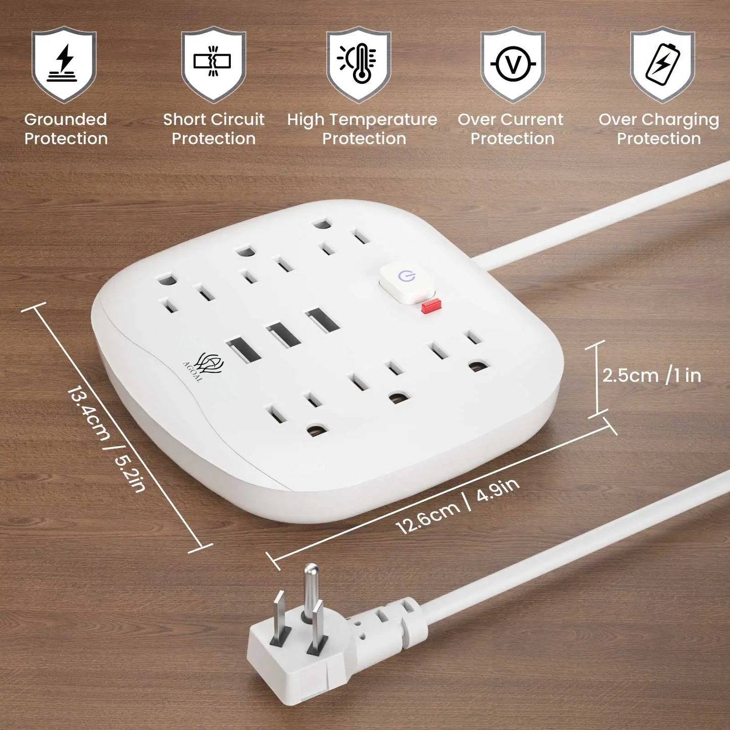 AGOAL Power Outlet with Surge Protector 6 sockets 3 USB Ports 3.3ft Extension Cord Fire Resistant For Home and Office White