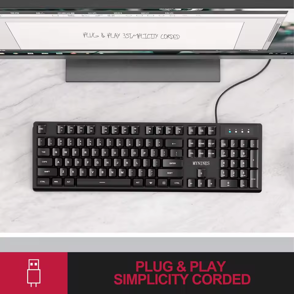 MYNINES Wired Computer Keyboard Full-Size with 12 Multimedia Keys Compatible with PC Laptop (Black)