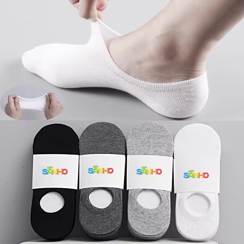 SANHO 5Pair / Lot Fashion Happy Men Boat Socks Summer Autumn Non-slip Silicone Invisible Cotton Socks Male Ankle Sock Slippers Meia ﻿
