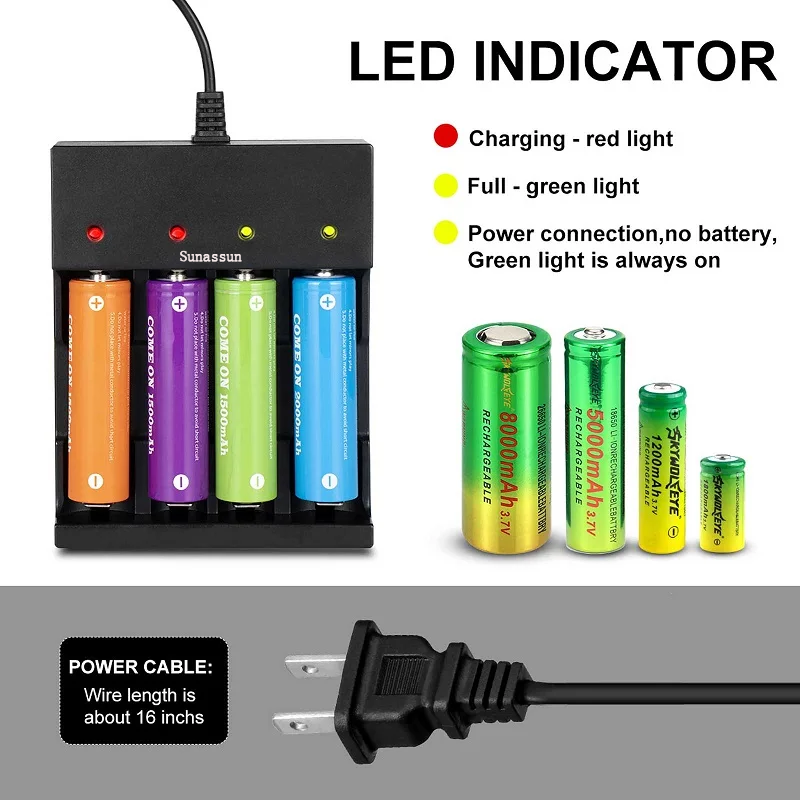 Sunassun 4 Bay Smart Universal Charger for 3.7V Rechargeable Li-ion Batteries Compatible Battery chargers