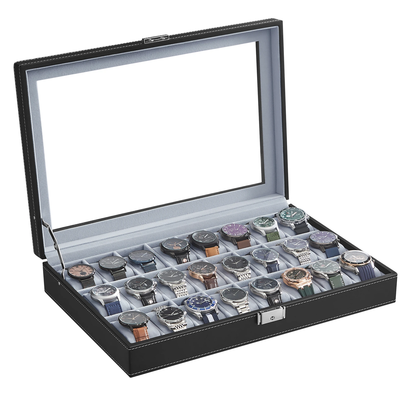 COELUS Watch Box 24-Slot Watch Case Lockable Watch Storage Box with Glass Lid Gift Idea Ink Black Synthetic Leather