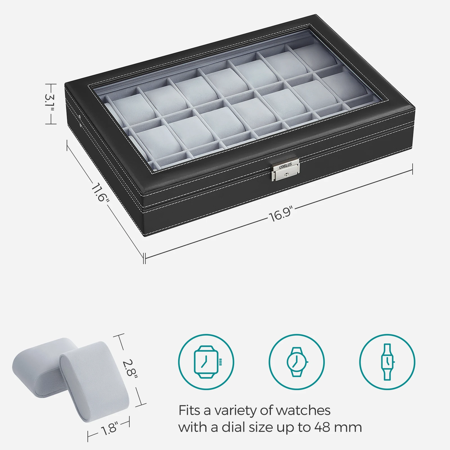 COELUS Watch Box 24-Slot Watch Case Lockable Watch Storage Box with Glass Lid Gift Idea Ink Black Synthetic Leather