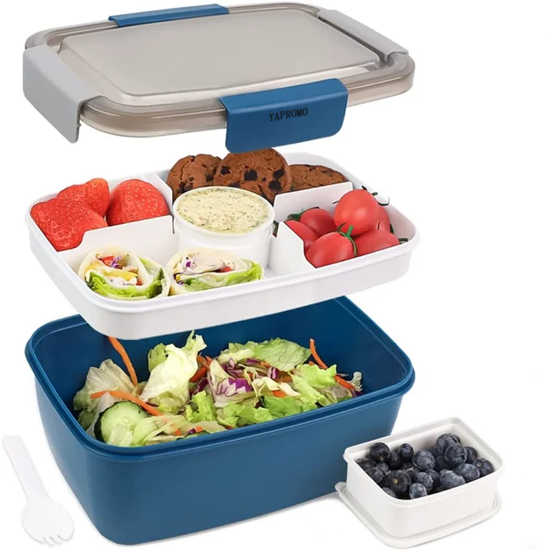YAPROMO Large Microwave Safe Bento Box Big Salad Food Container 4 Compartment Tray BPA-Free Lunch Box Salad Bowl With Dressing Container