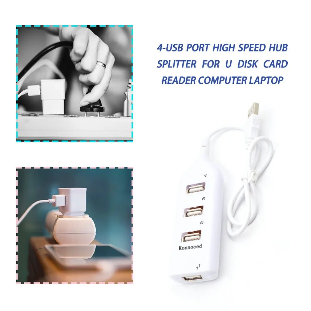 Konnoced Portable 4 Port Multi USB Hub Splitter High Speed USB 2.0 Multiple Expander Adapter For PC Laptop Notebook Computer Accessories