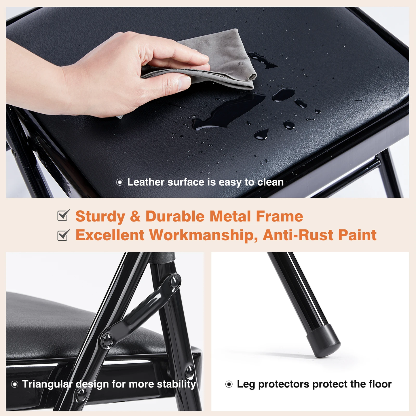 Bondesin Leather Padded Folding Chair 4 Pack Sturdy Metal Living Room Rocking Dinner Chairs Easy to Use Storage Outdoor Home Office