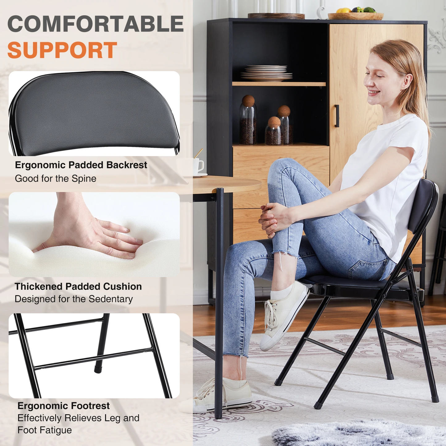 Bondesin Leather Padded Folding Chair 4 Pack Sturdy Metal Living Room Rocking Dinner Chairs Easy to Use Storage Outdoor Home Office