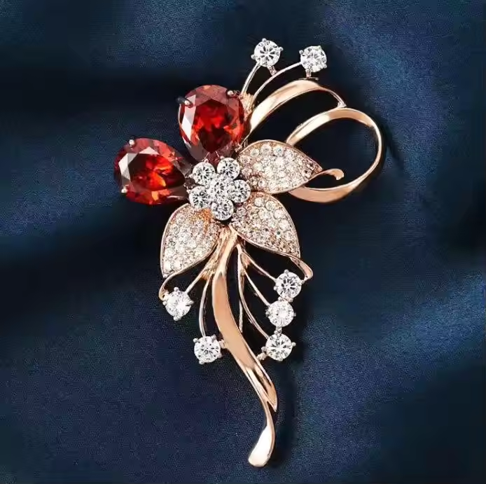 VAMO Fashion Red Crystal Flower Brooches For Women Rhinestone Lapel Pins Clothing Wedding Party Jewelry Gifts Jewelry brooches