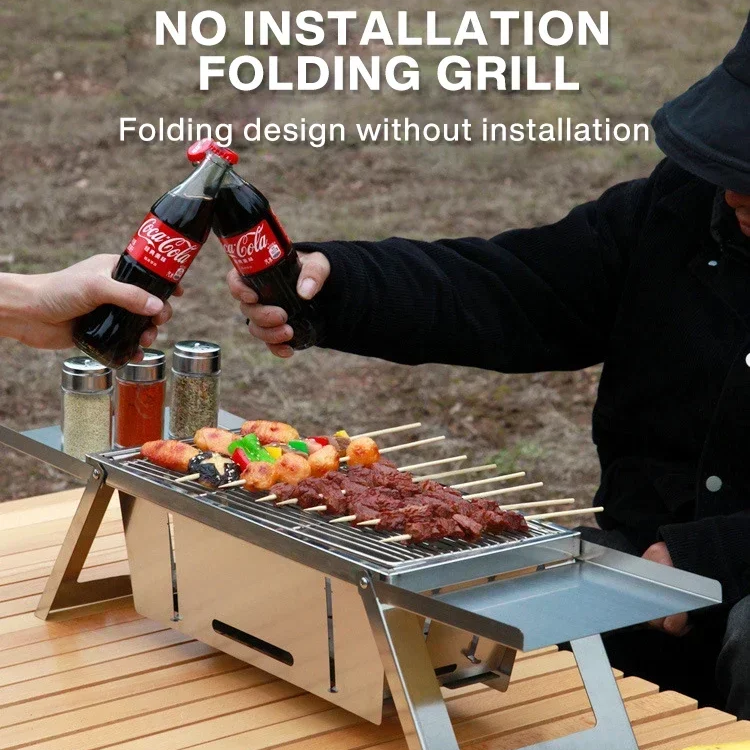 Laukingdom Stainless Steel Barbecue Stove Outdoor Charcoal Folding Barbecue Rack Household Small Folding Carbon Barbecue Skewer Stove bbq