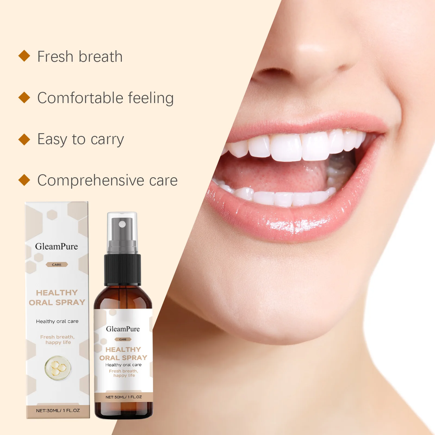 GleamPure Long Lasting Mint Oral Spray Portable Mouth Breath Freshener For Adults Freshness Oral Care Products Sprayer Travel-Sized 30ml