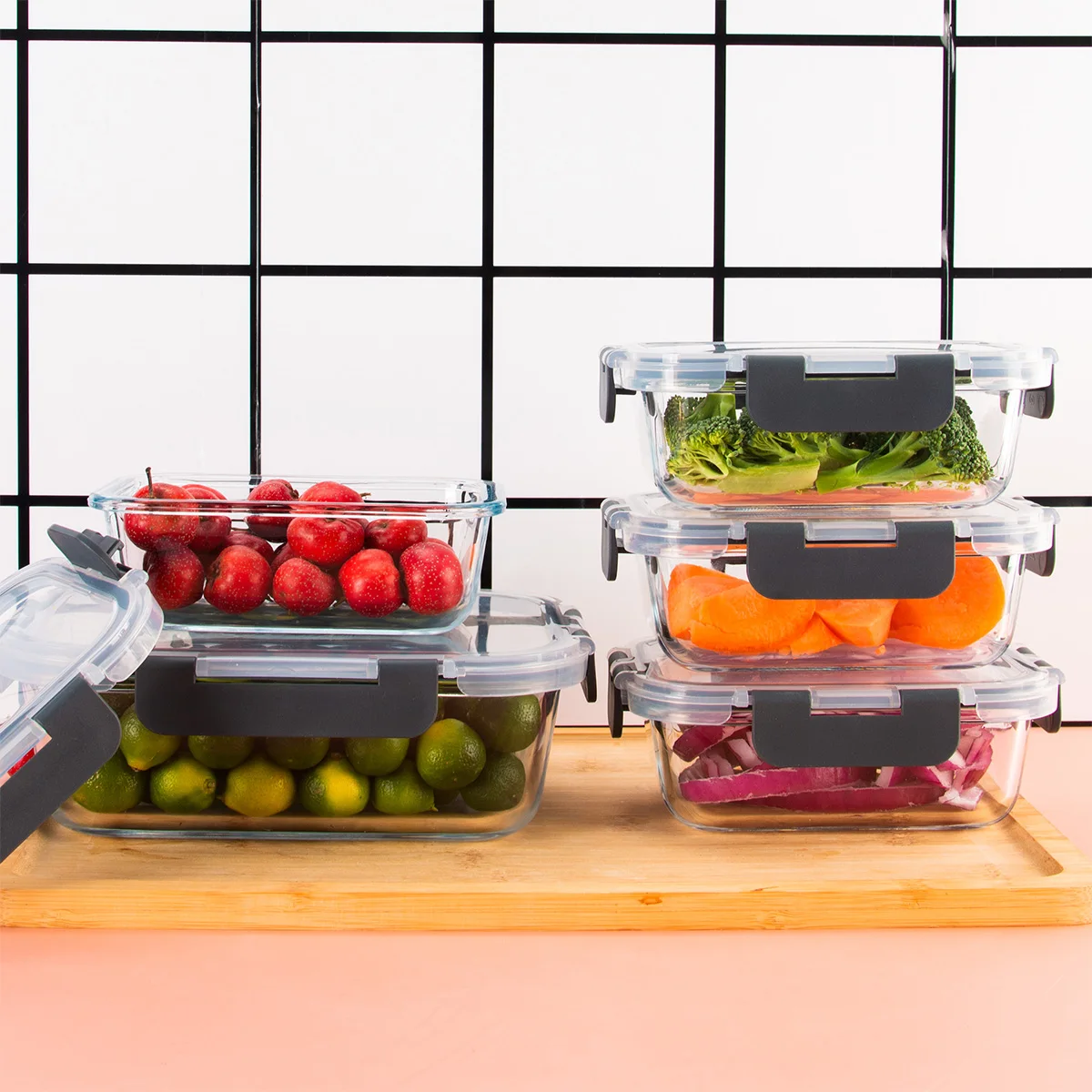 YQRISETARK 8-Piece Glass Food Storage Containers Set for kitchen use BPA-Free Leakproof Microwave & Oven Safe 6 Sizes Borosilicate Glass Lock Lid
