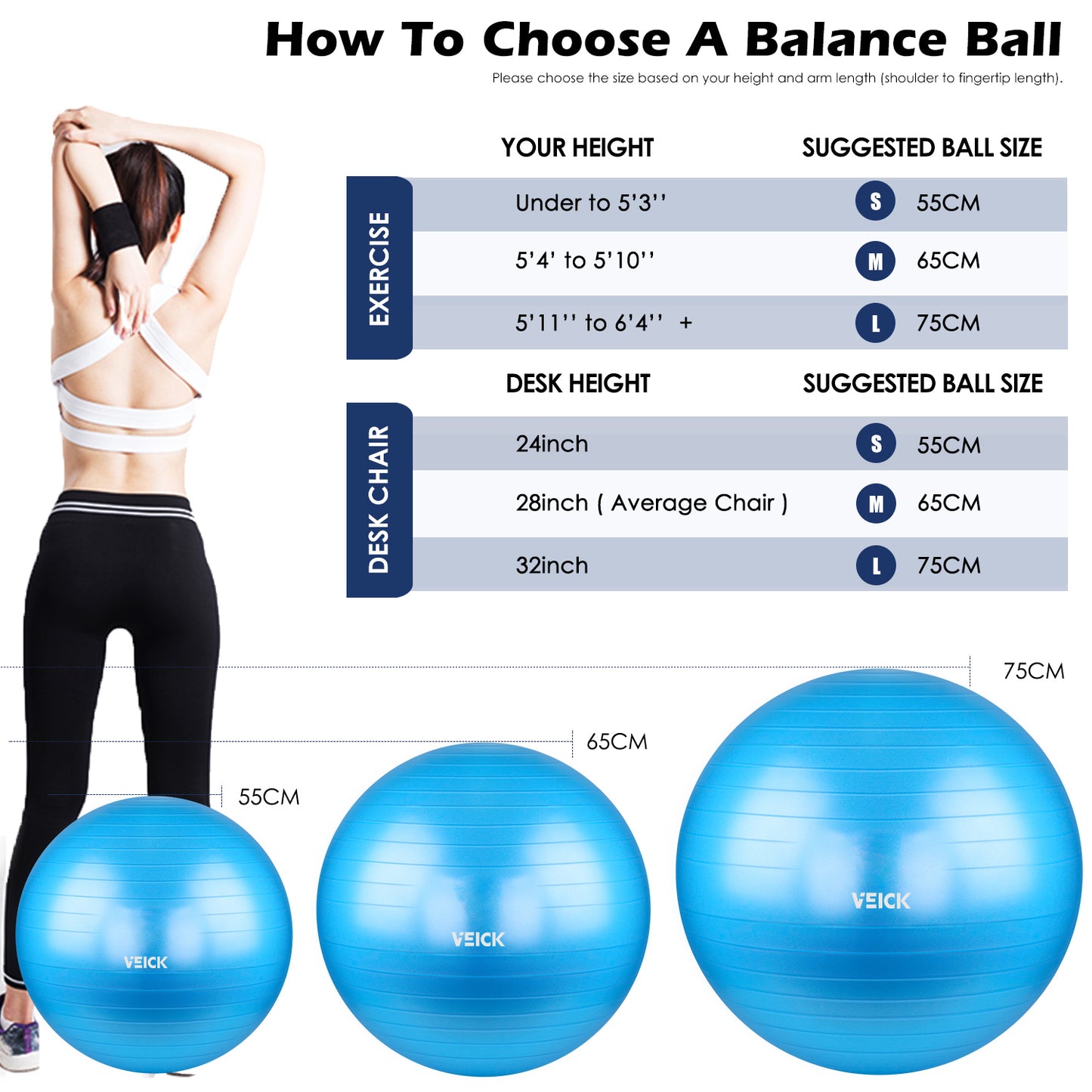 VEICK Diameter PVC Fitness Balls Yoga Ball Thickened Explosion-proof Exercise Home Gym Pilates Equipment Balance Ball